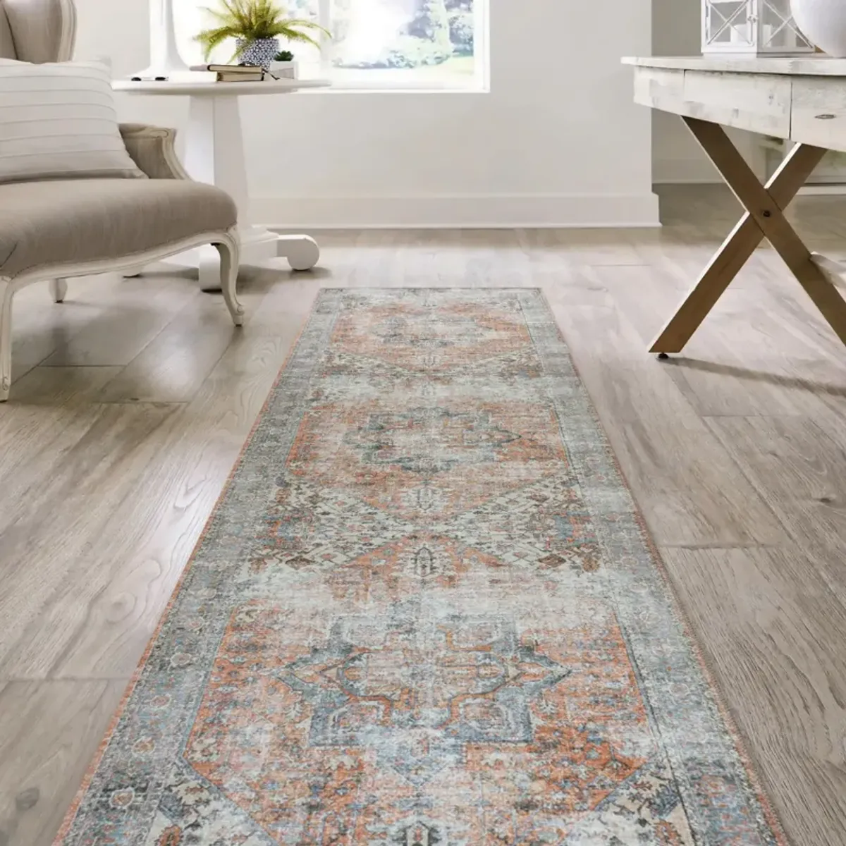 Armae Distressed Medallion Chenille Machine-Washable Terra/Blue 2 ft. x 8 ft. Runner Rug