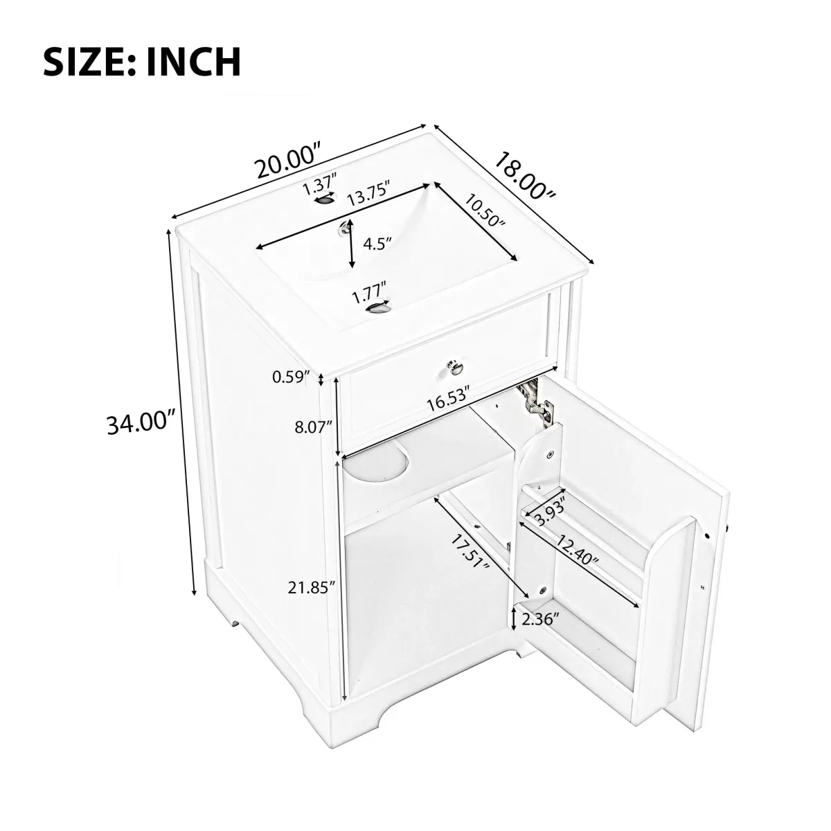 无库存Gewnee 20" Bathroom Vanity with Sink, Bathroom Cabinet with Soft Closing Door, Storage Rack and Adjustable Shelve