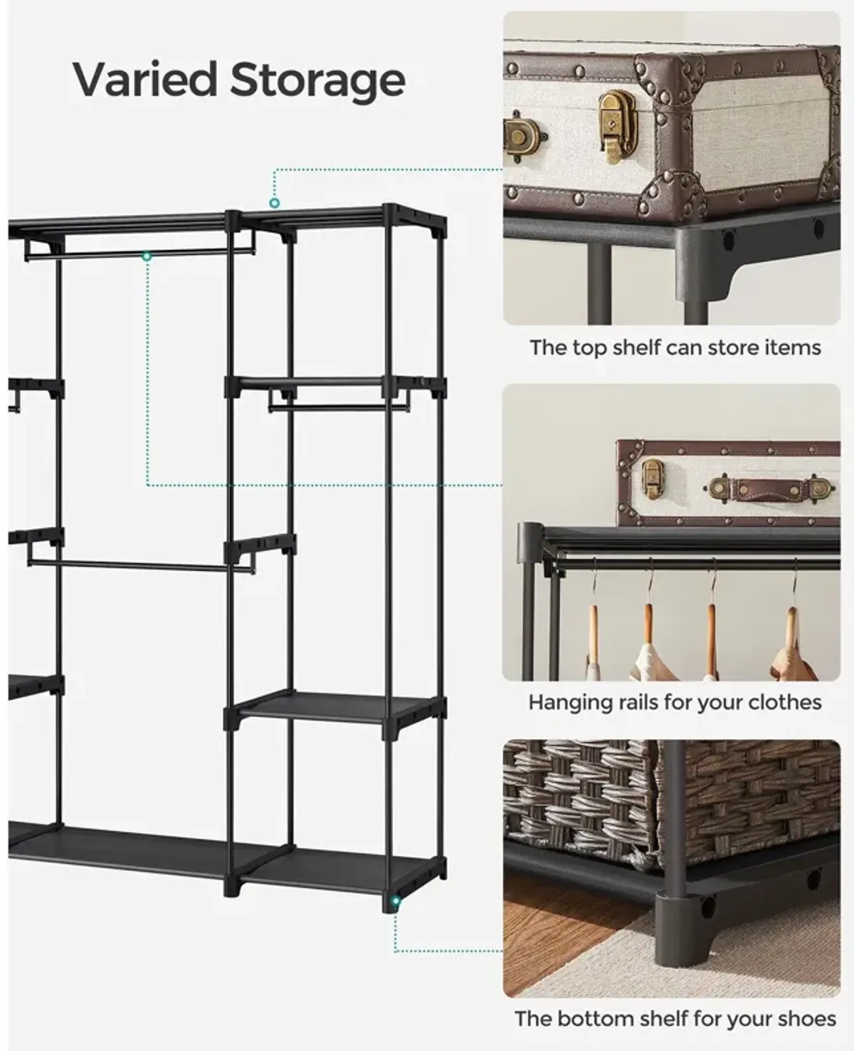 Freestanding Wardrobe with Hanging Rods - Stable Portable Clothes Rack for Any Room