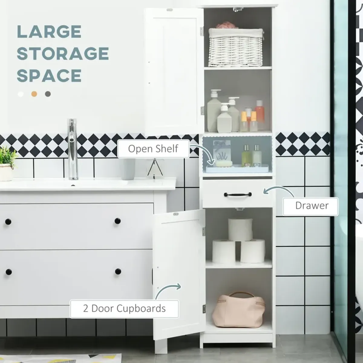 White Bathroom Organizer: Tall Slim Cabinet with Open Shelf & Drawer