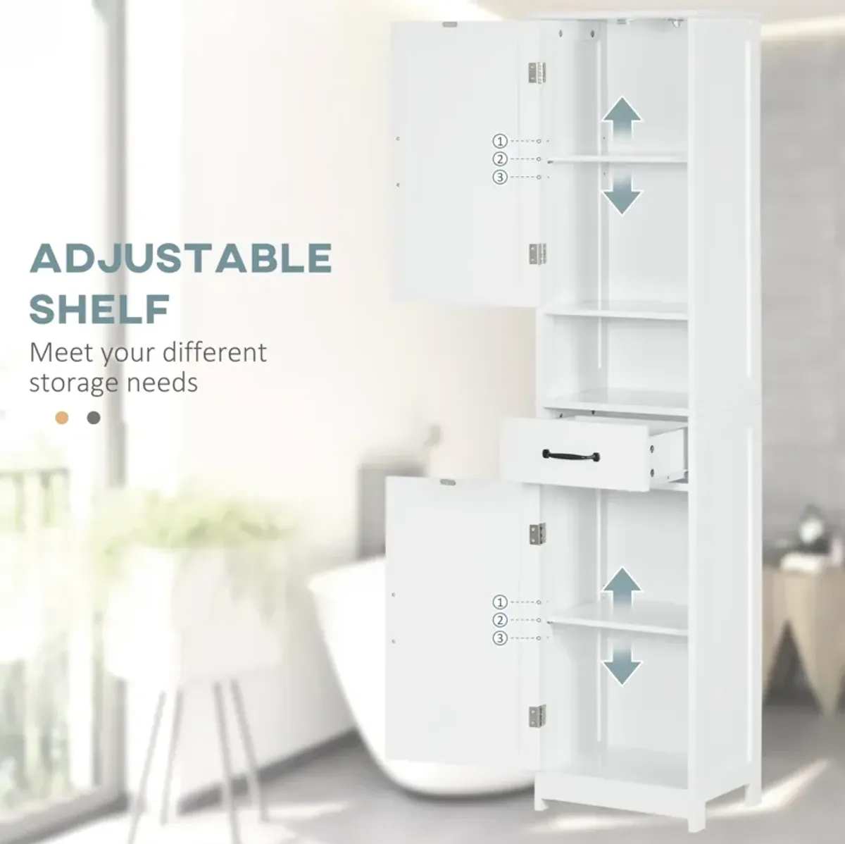 White Bathroom Organizer: Tall Slim Cabinet with Open Shelf & Drawer