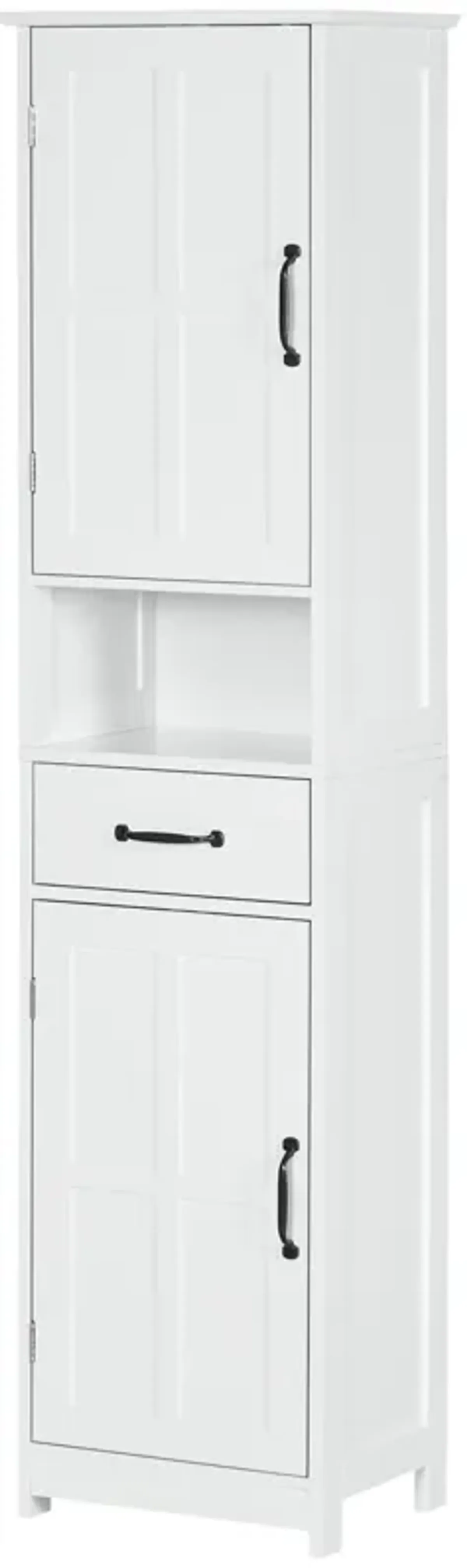 White Bathroom Organizer: Tall Slim Cabinet with Open Shelf & Drawer