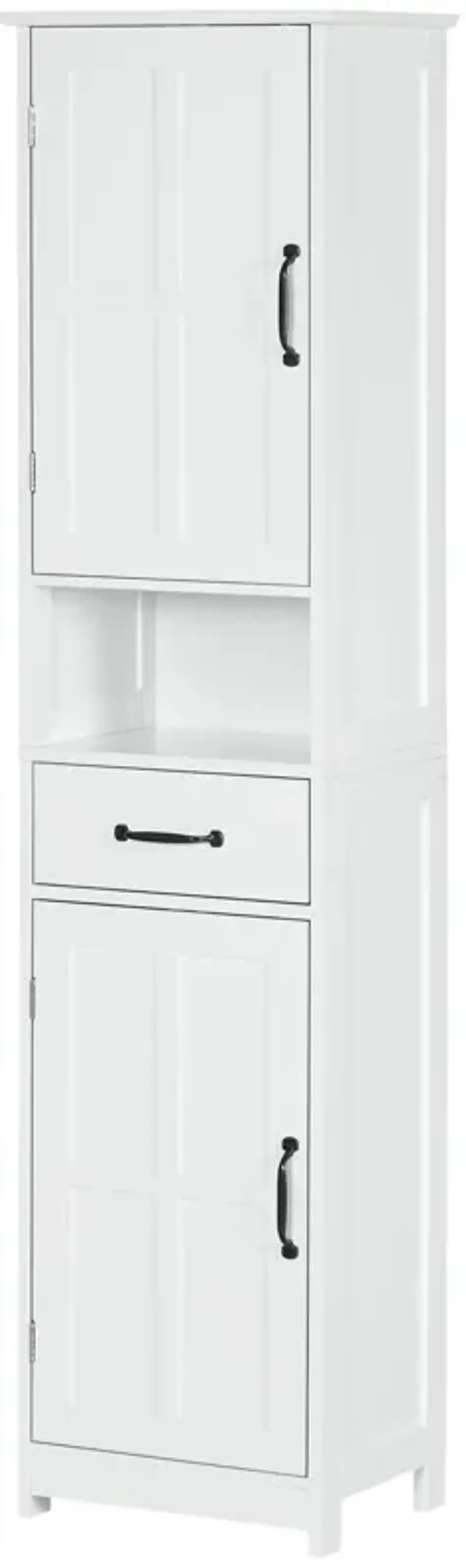 White Bathroom Organizer: Tall Slim Cabinet with Open Shelf & Drawer