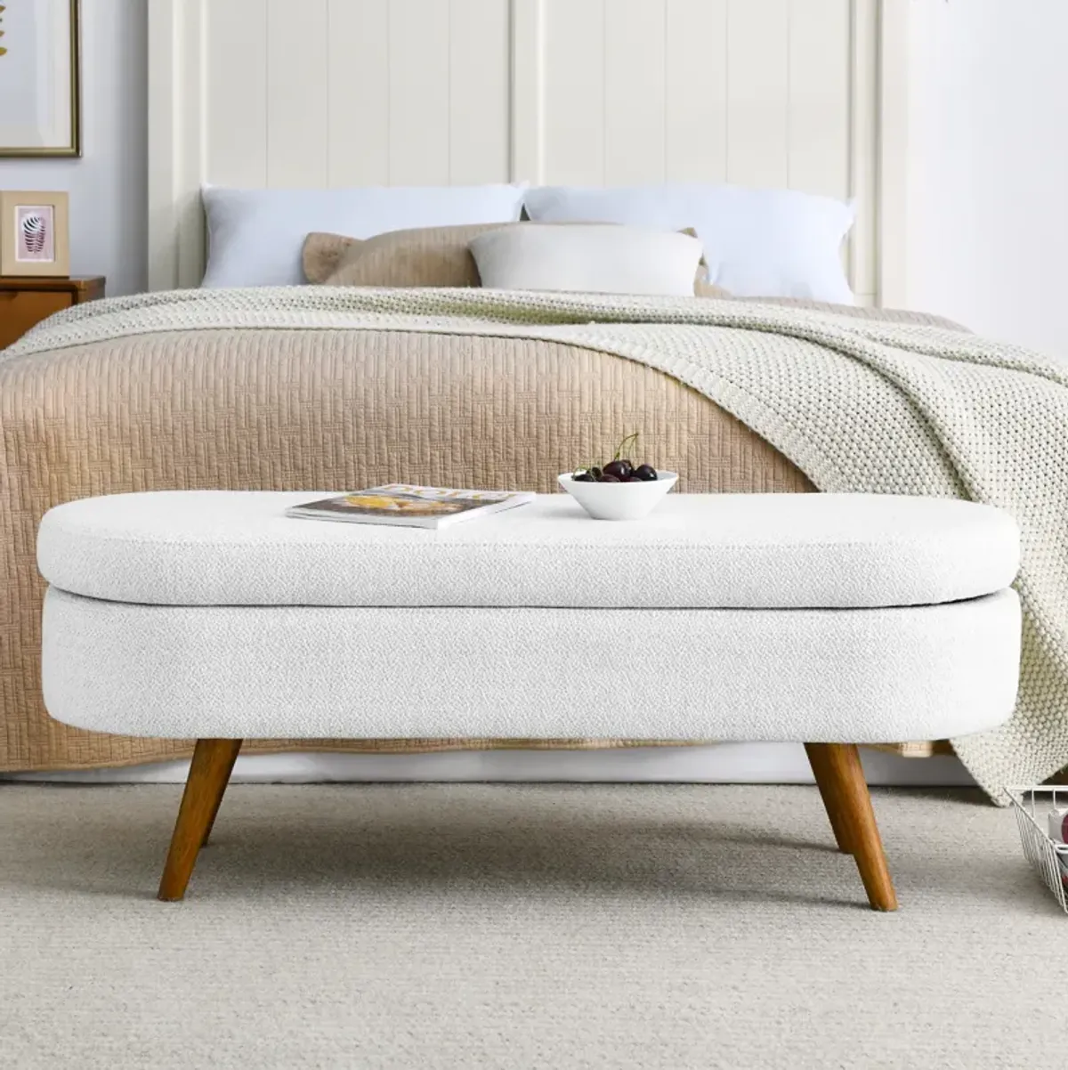 Ottoman Oval Storage Bench, Rubberwood Legs