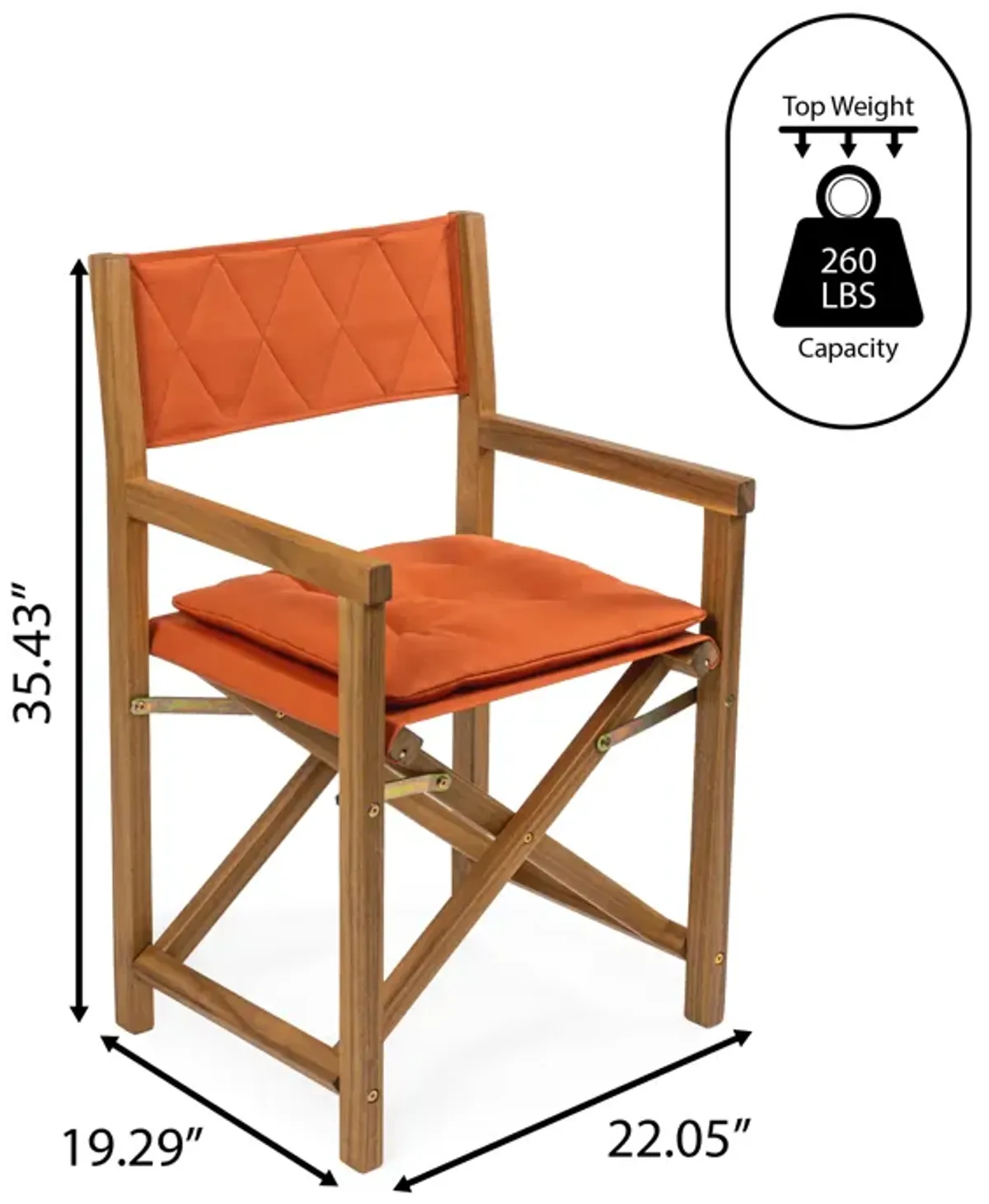 Waldo Classic Mid-Century Outdoor Acacia Wood Foldable Diamond-Quilted Back Director Chair with Cushion