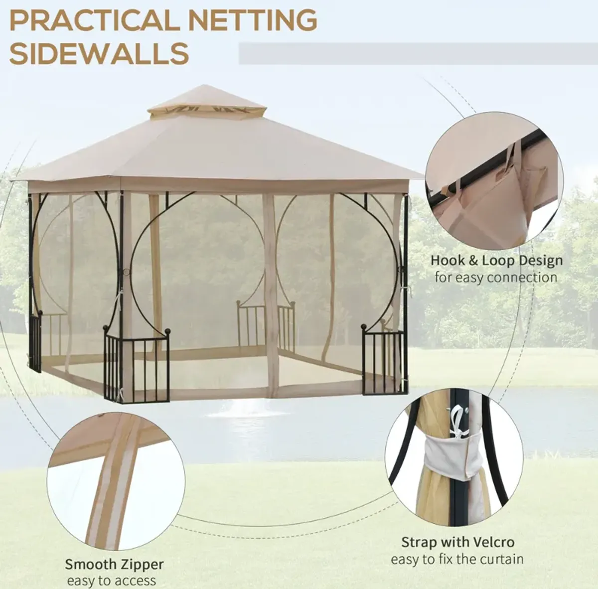 Beige Outdoor Haven: 10'x10' Gazebo Tent with Mesh Netting Sidewalls