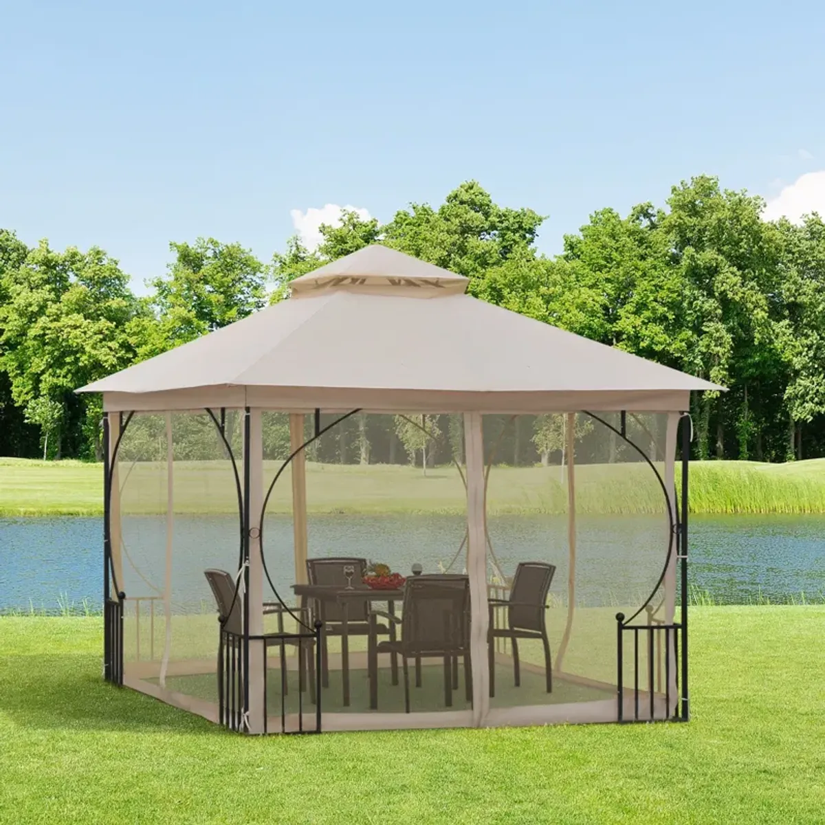 Beige Outdoor Haven: 10'x10' Gazebo Tent with Mesh Netting Sidewalls