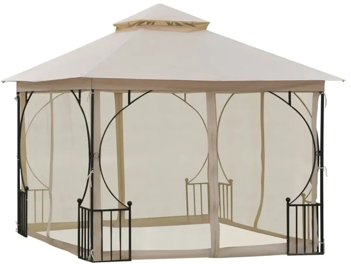 Beige Outdoor Haven: 10'x10' Gazebo Tent with Mesh Netting Sidewalls