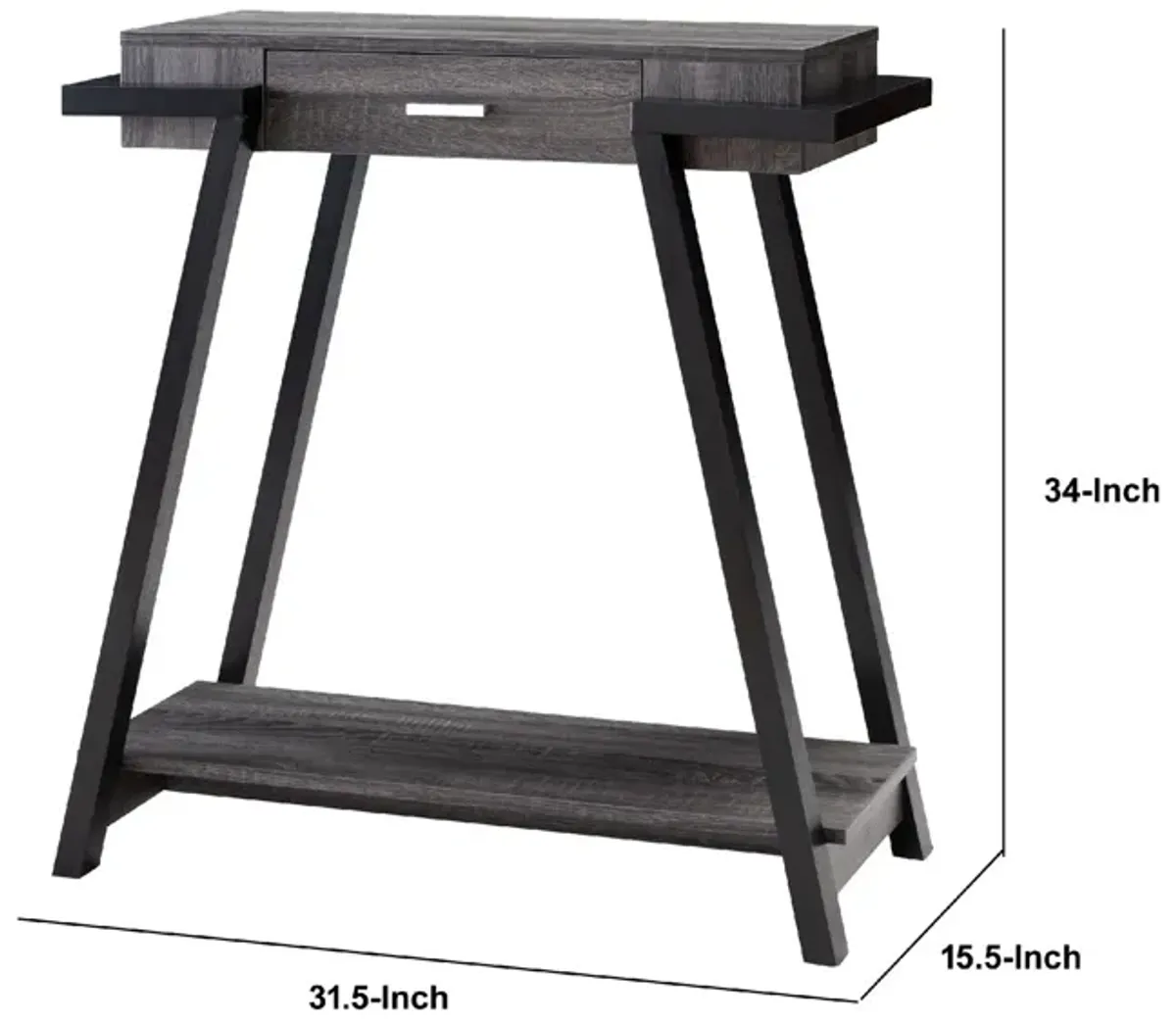 Wooden Console Table with Angled Leg Support and Drawer,Black and Gray-Benzara