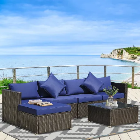 Outdoor PE Rattan Sofa Set 6 Pieces Sectional Conversation Wicker Patio Couch with Cushions Coffee Table Blue