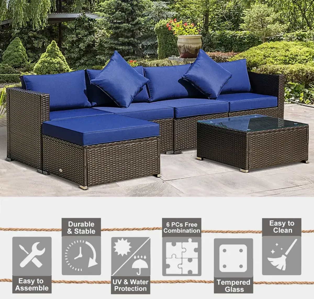 Blue Outdoor Lounge: 6PC Rattan Sofa Set with Coffee Table