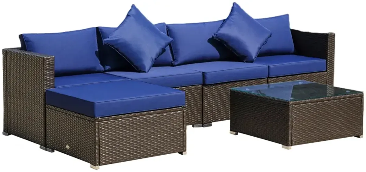 Blue Outdoor Lounge: 6PC Rattan Sofa Set with Coffee Table