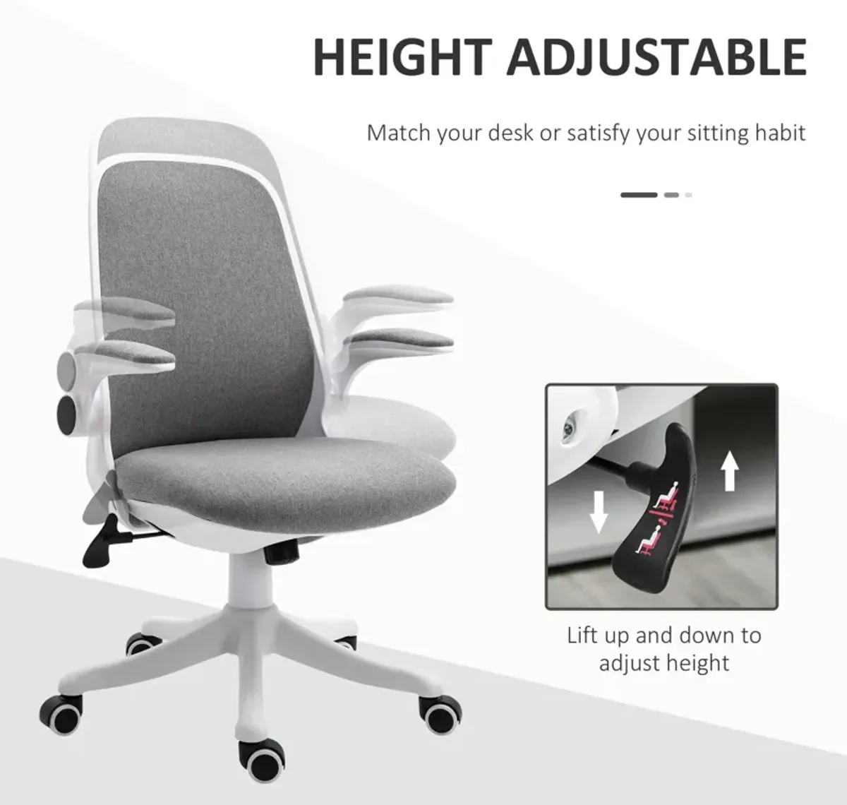 Grey Task Seater: Linen-Touch Fabric Office Chair with Adjustable Arms