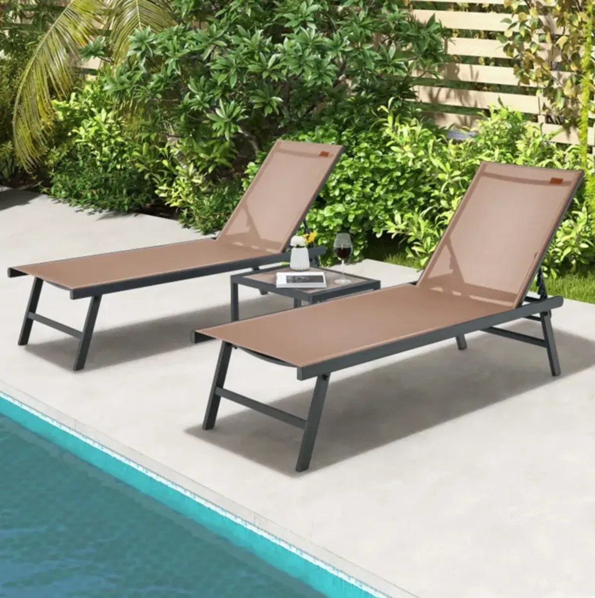 Hivvago 3 Pieces Patio Chaise Lounge Chair and Table Set for Poolside Yard