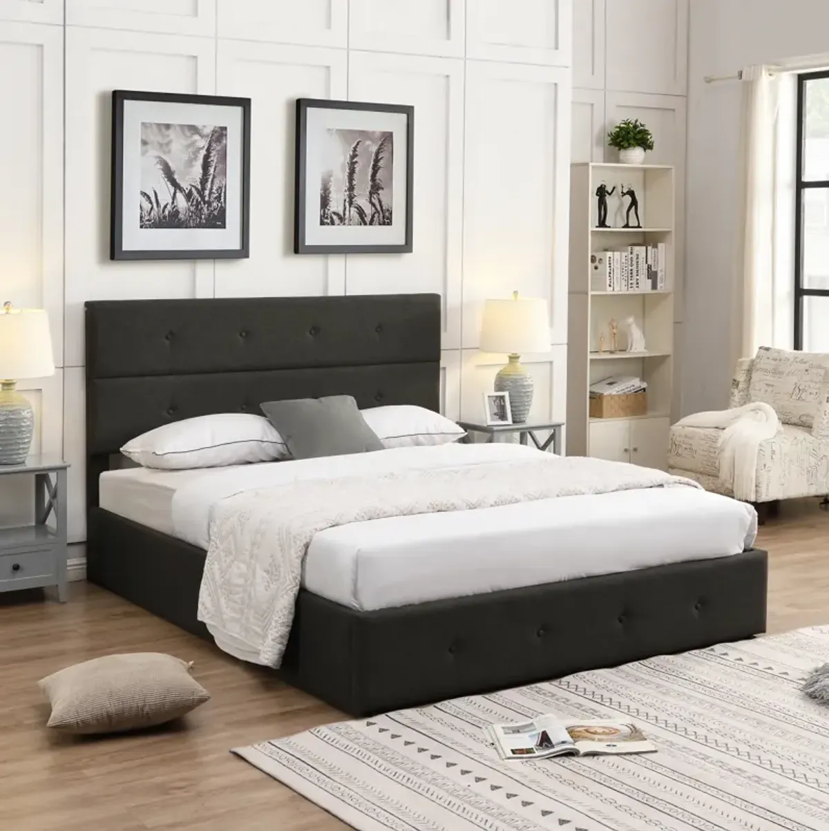 Upholstered Platform Bed With Underneath Storage, Queen Size