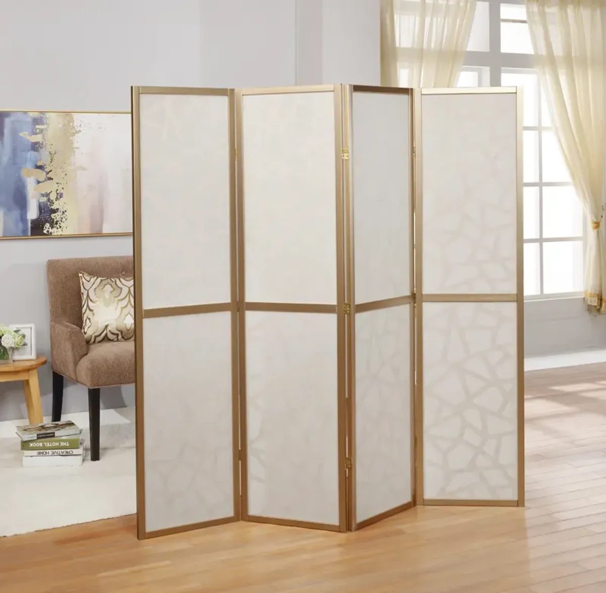 Streamdale Giyano 4 Panel Screen Room Divider, Gold