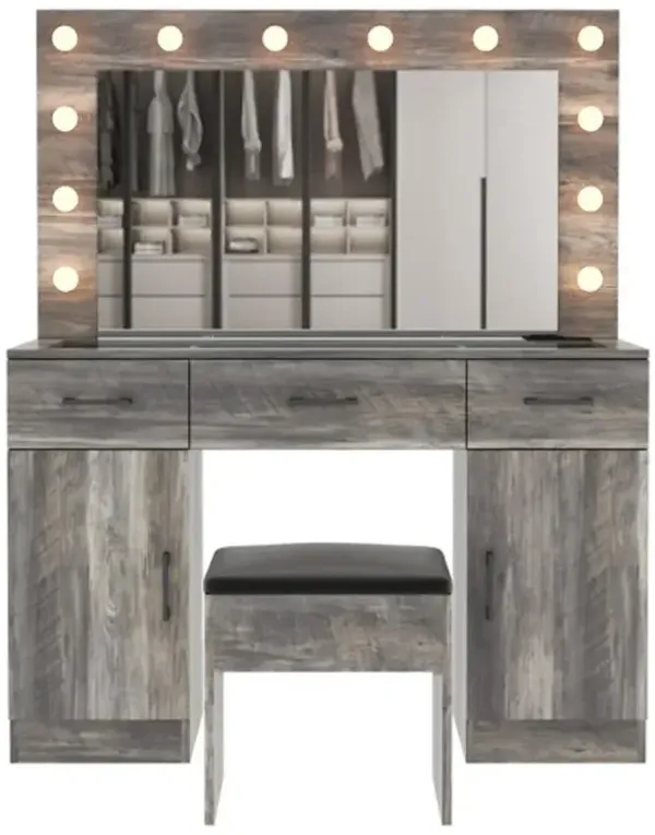 Vanity Desk Set with Large Lighted Mirror – Elegant Makeup Table with LED Mirror, Stool, and Storage Drawers