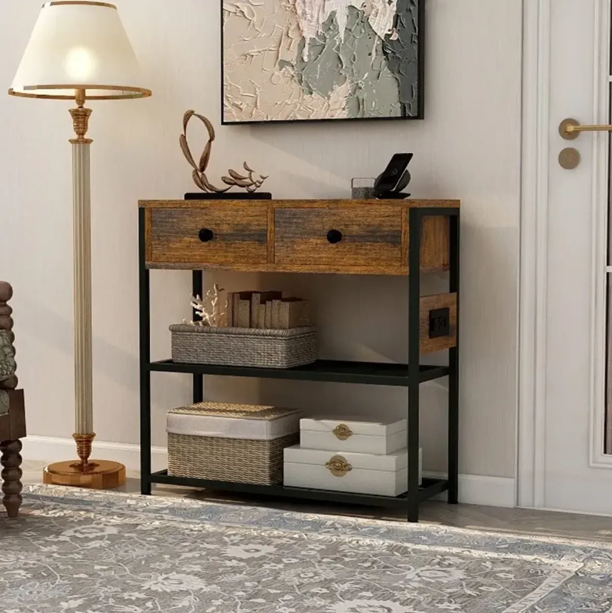 Narrow Console Table with Drawers, Shelves, AC Outlets & USB Ports