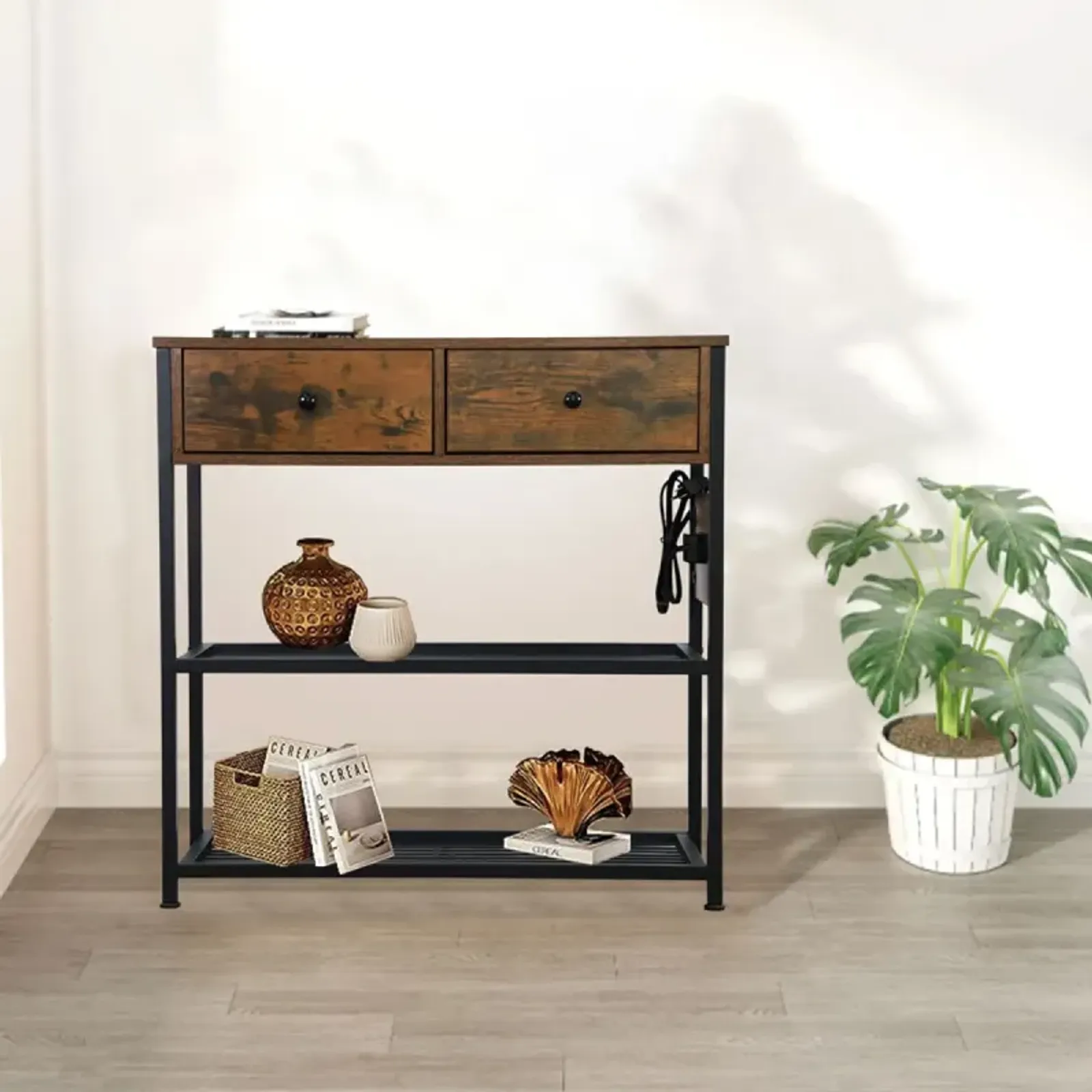 Narrow Console Table with Drawers, Shelves, AC Outlets & USB Ports