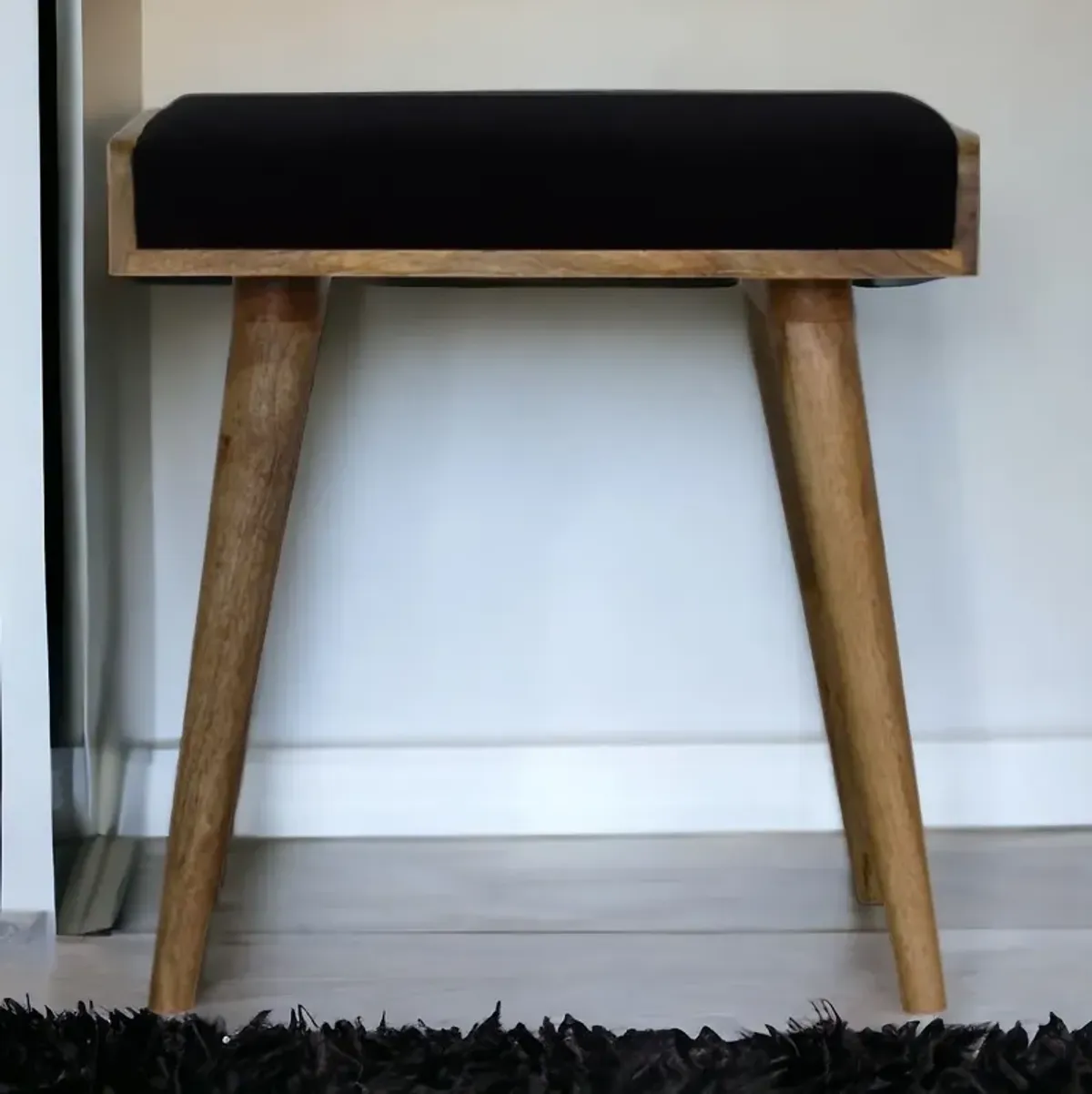 Black Velvet Tray Style  Solid Wood Oak-ish Footstool