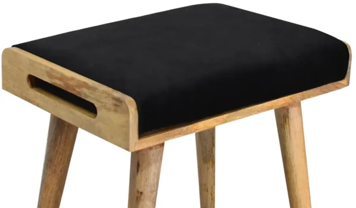 Black Velvet Tray Style  Solid Wood Oak-ish Footstool