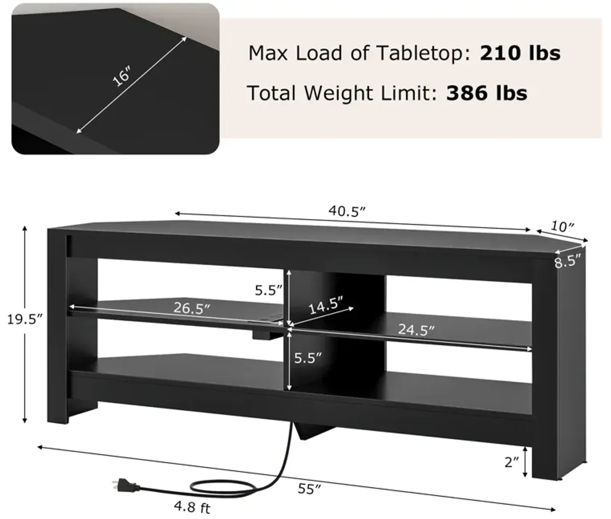 Corner TV Stand with Power Outlet and 4 Open Storage Shelves-Black