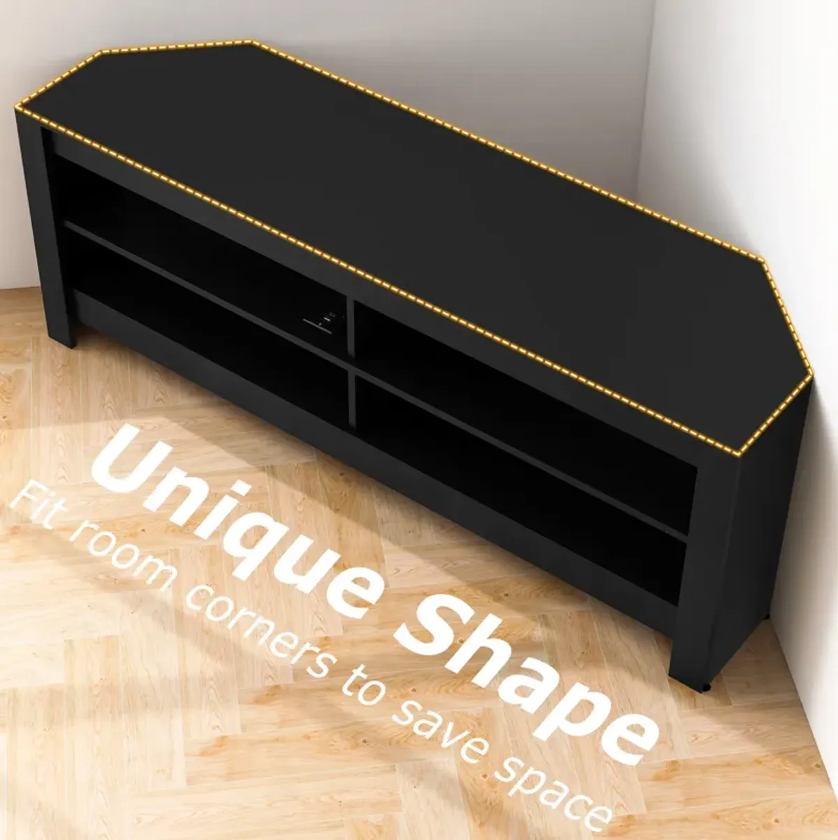 Corner TV Stand with Power Outlet and 4 Open Storage Shelves-Black