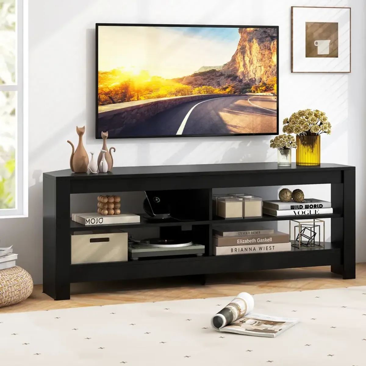 Corner TV Stand with Power Outlet and 4 Open Storage Shelves-Black