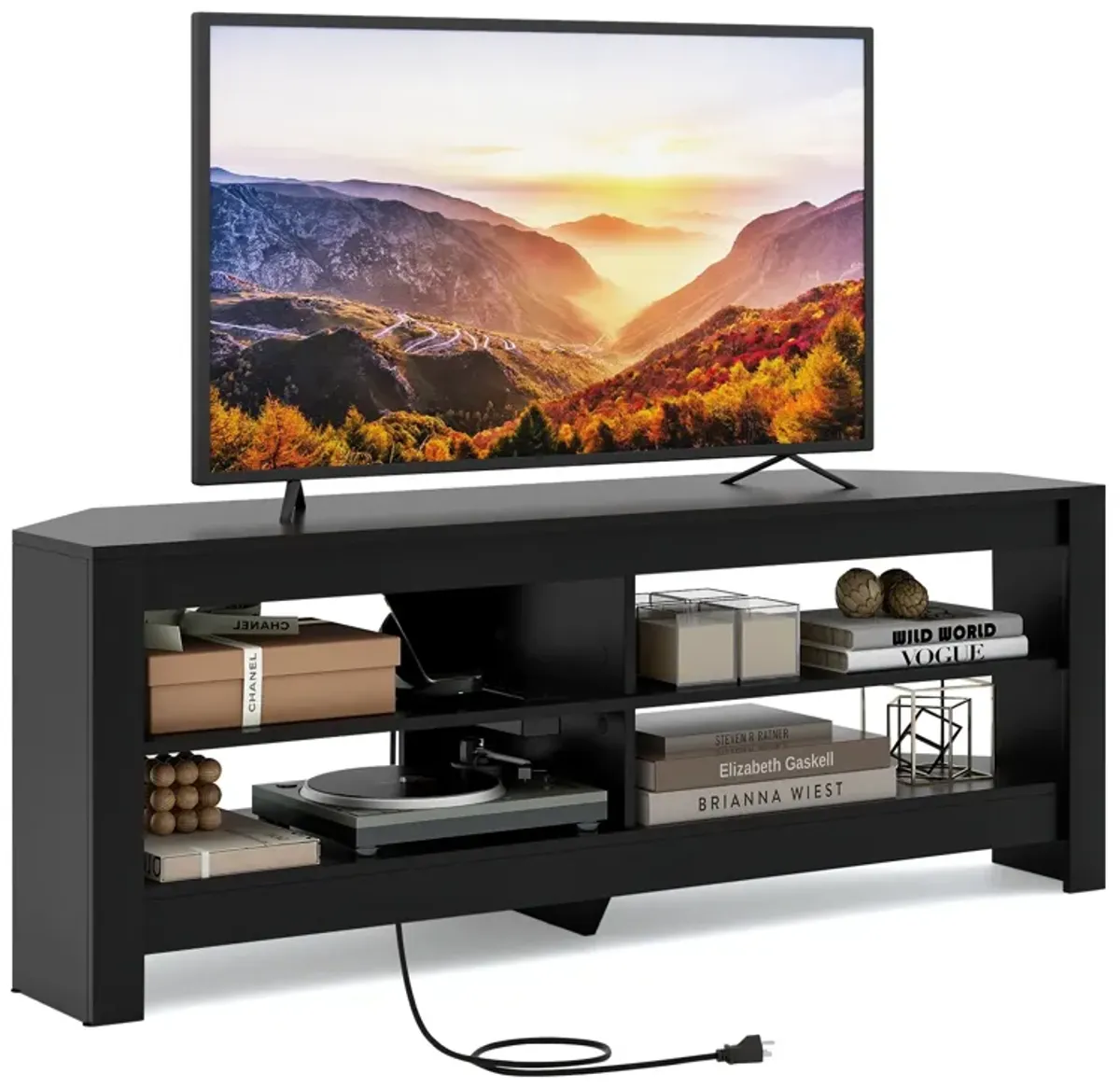 Corner TV Stand with Power Outlet and 4 Open Storage Shelves-Black