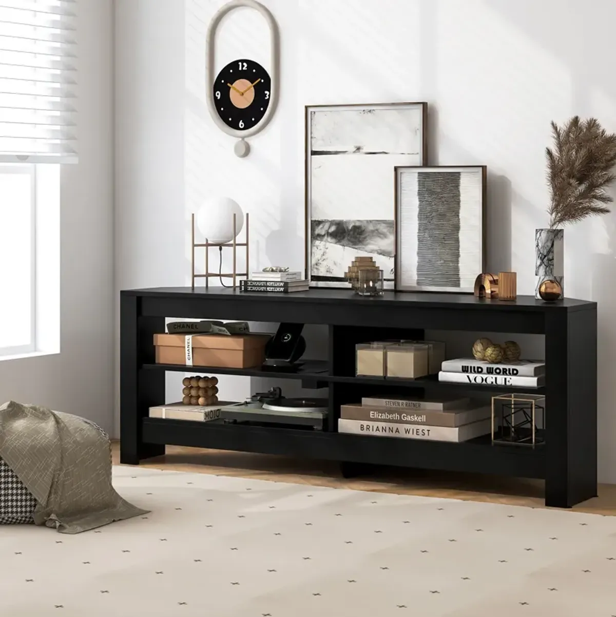 Corner TV Stand with Power Outlet and 4 Open Storage Shelves-Black