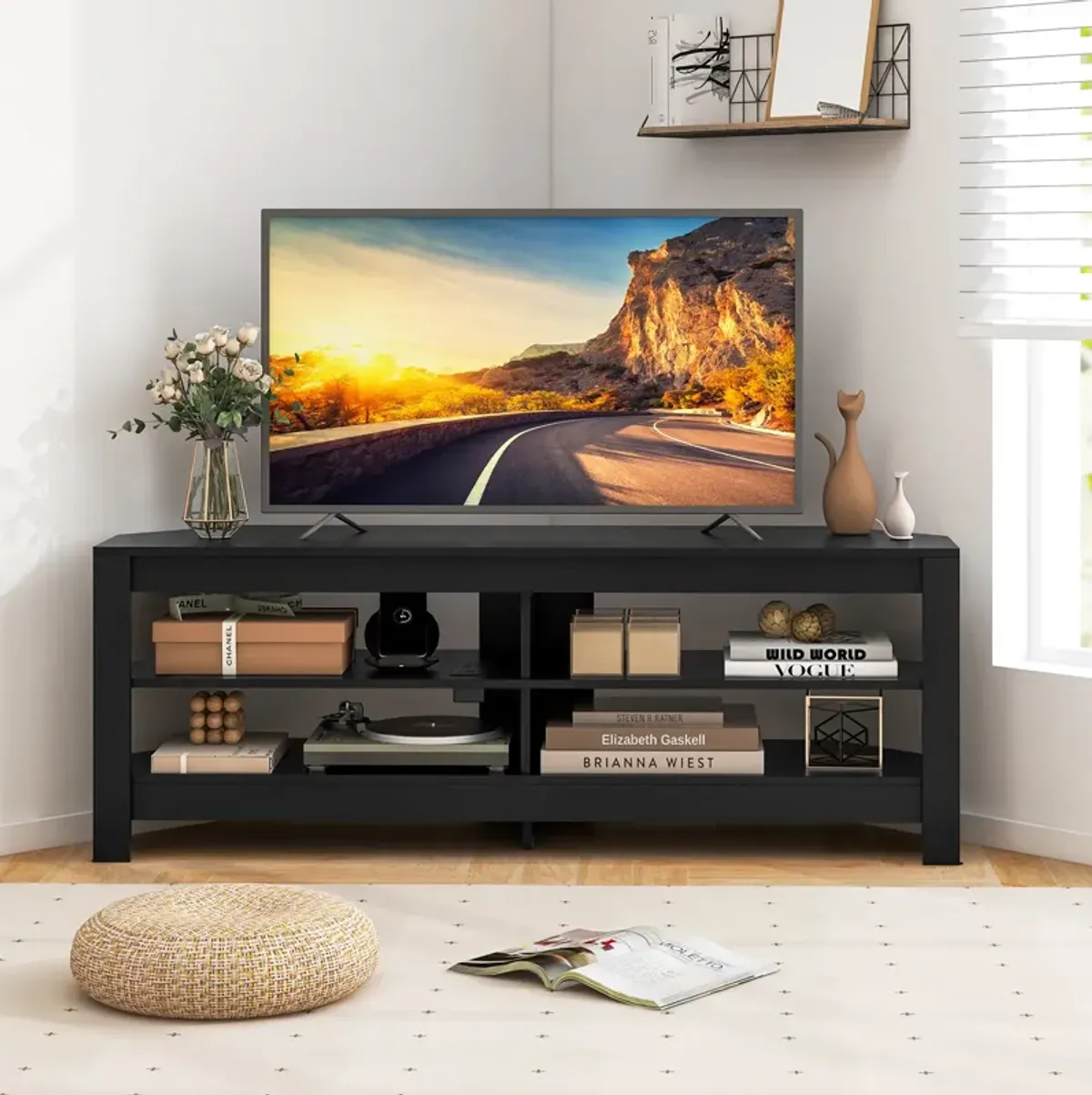 Corner TV Stand with Power Outlet and 4 Open Storage Shelves-Black