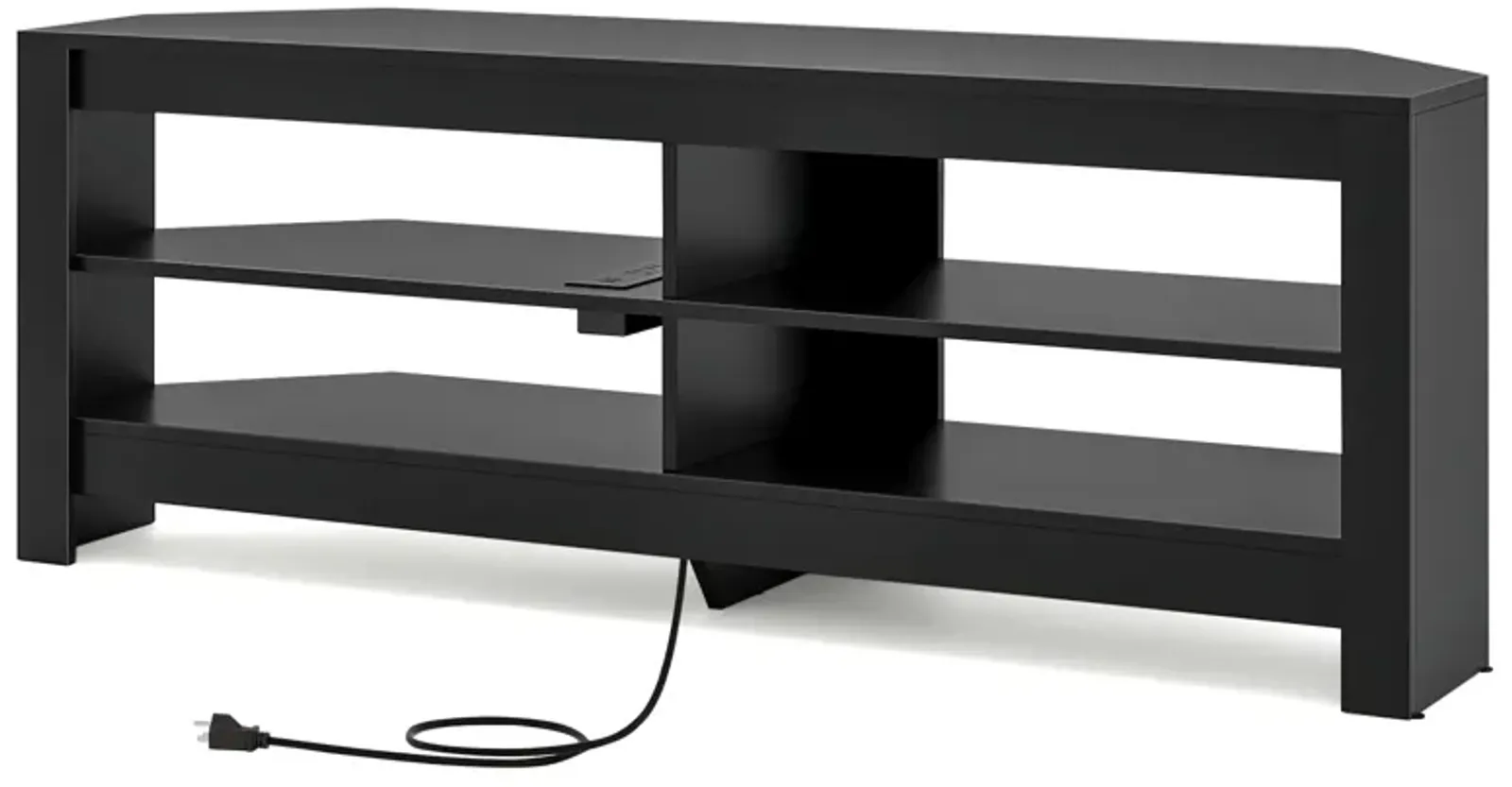 Corner TV Stand with Power Outlet and 4 Open Storage Shelves-Black