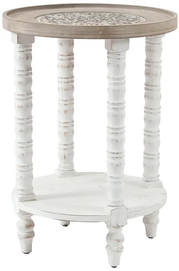 LuxenHome White and Natural Wood Round Accent Side Table with Storage