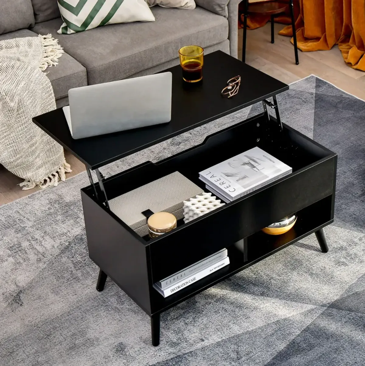 31.5 Inch Lift Top Coffee Table with Hidden Compartment and 2 Storage Shelves-Black