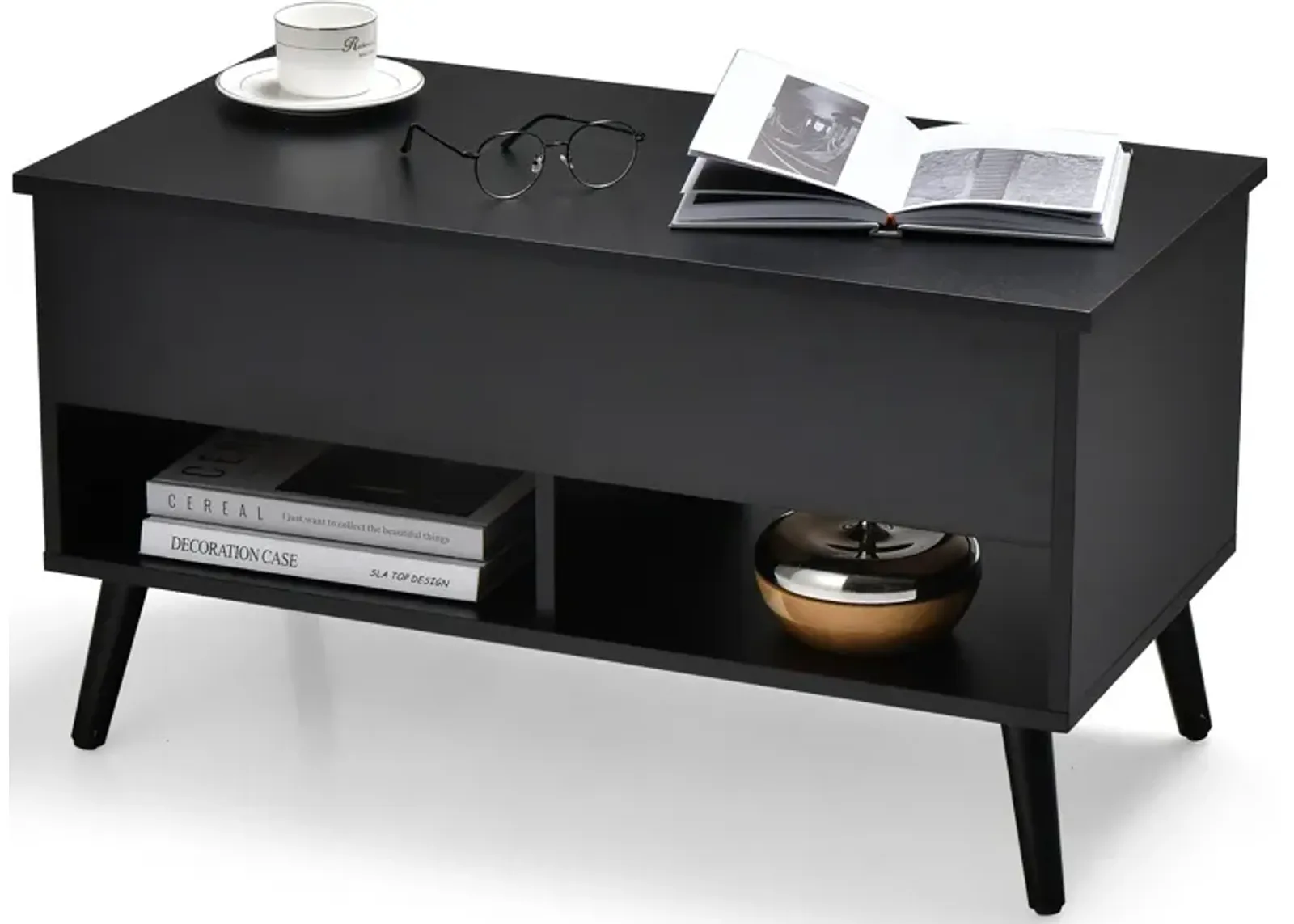 31.5 Inch Lift Top Coffee Table with Hidden Compartment and 2 Storage Shelves-Black