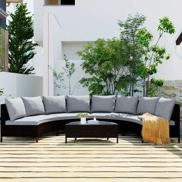 Streamdale 5-Piece Brown Wicker Patio Half-Moon Sofa Set with Gray Cushions