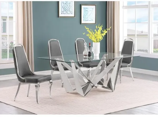 5pc Small(78") glass dining set with silver base and 6 Dark grey side chairs