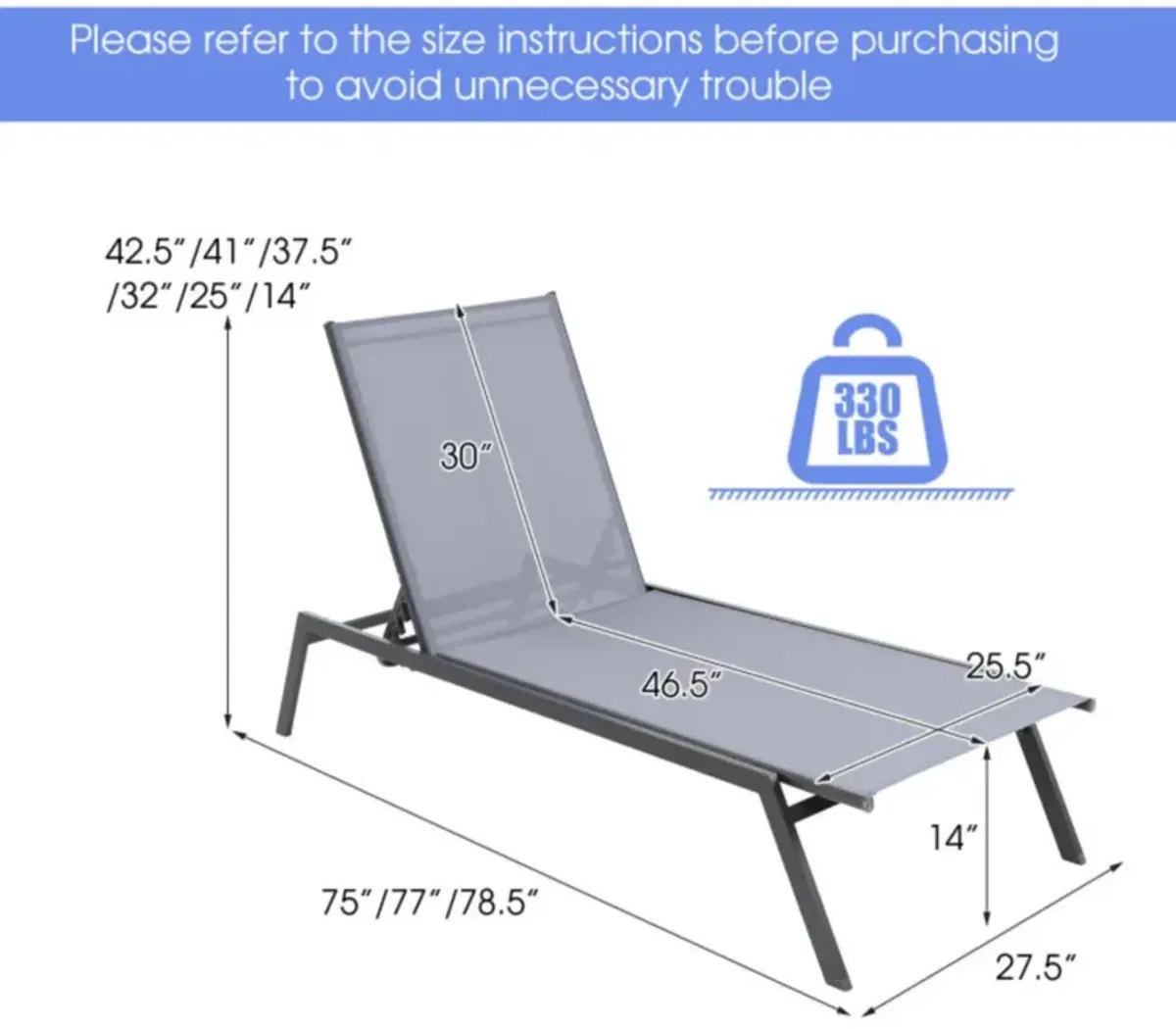 Hivvago Outdoor Adjustable Chaise Lounge Chair with Lay Flat Position and Quick-Drying Fabric