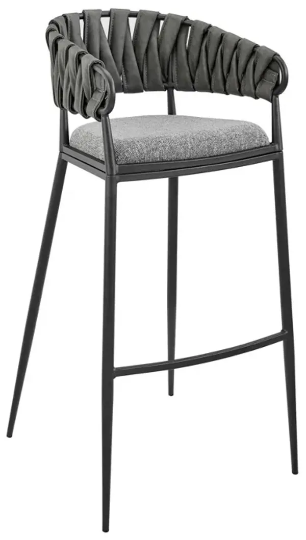 Viji 26 Inch Counter Stool Chair, Gray Faux Leather Fabric Back, Black Iron - Benzara