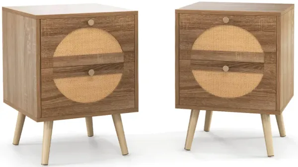 Set of 2 Rattan Nightstand with 2 Drawers and Solid Wood Legs