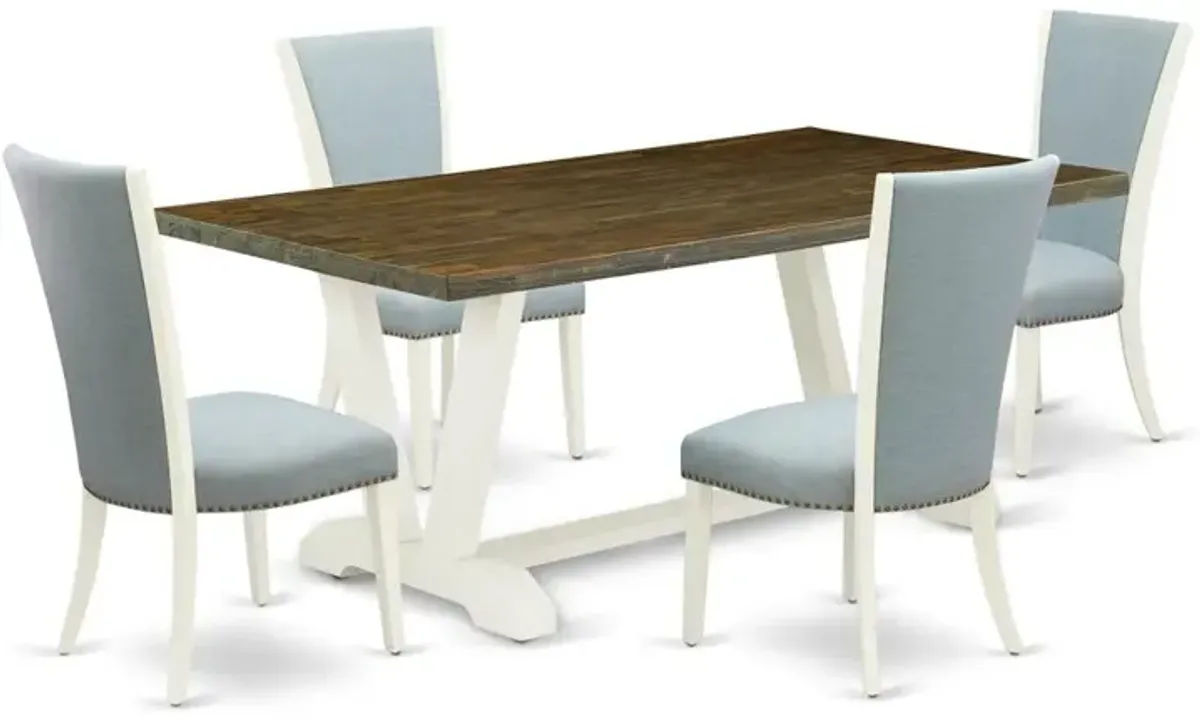 East West Furniture V076VE215-5 5 Piece Mid Century Dining Set - 4 Baby Blue Linen Fabric Kitchen Chair with Nailheads and Distressed Jacobean Wooden Dining Table - Linen White Finish