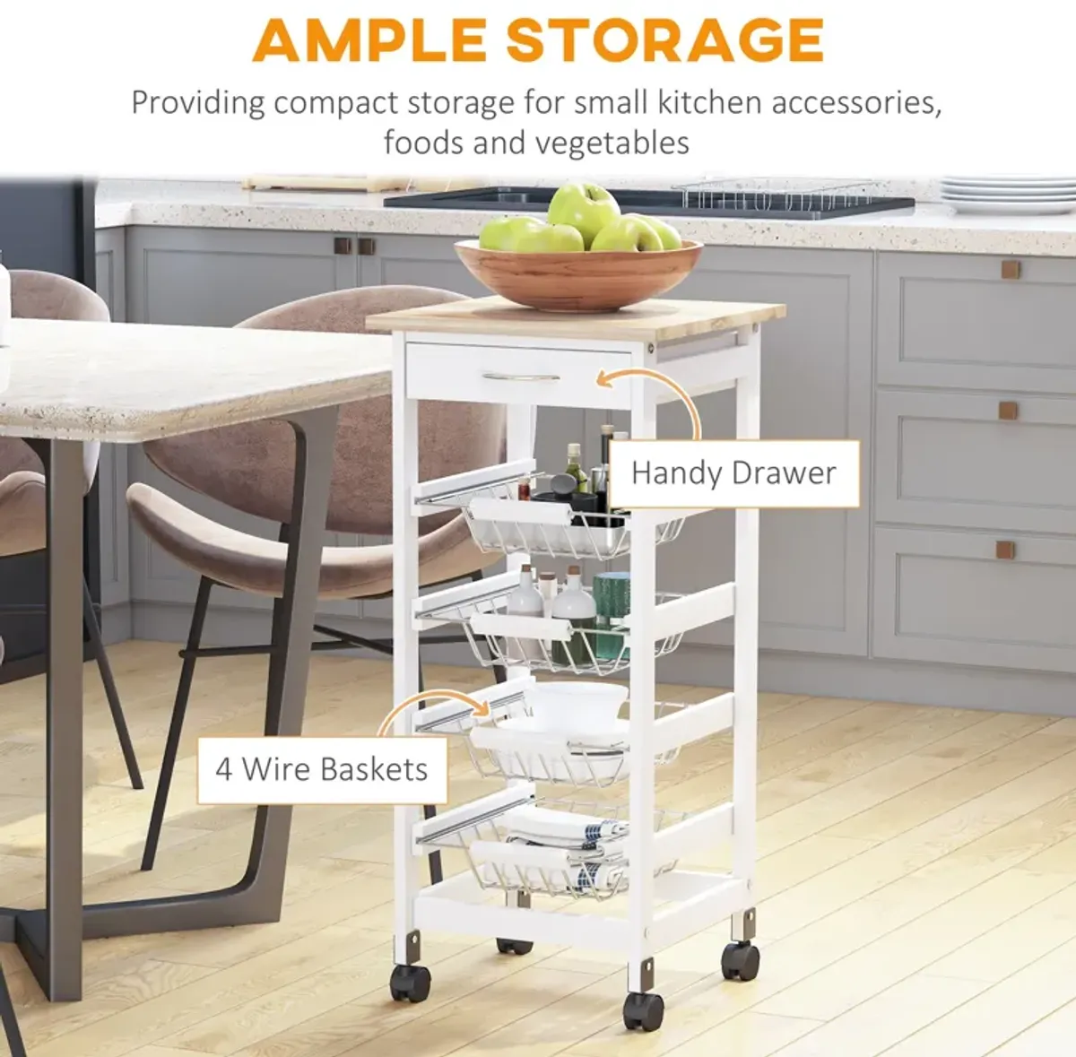 White Kitchen Cart: 32.25" Wooden Rolling Storage on Swivel Wheels