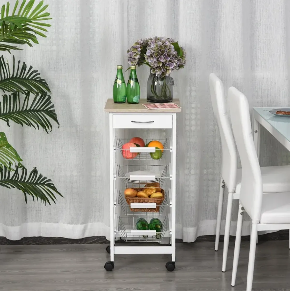 White Kitchen Cart: 32.25" Wooden Rolling Storage on Swivel Wheels