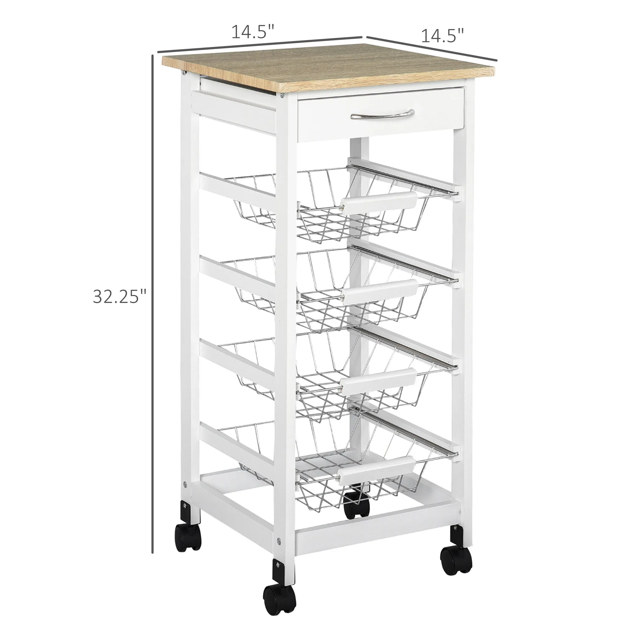 White Kitchen Cart: 32.25" Wooden Rolling Storage on Swivel Wheels