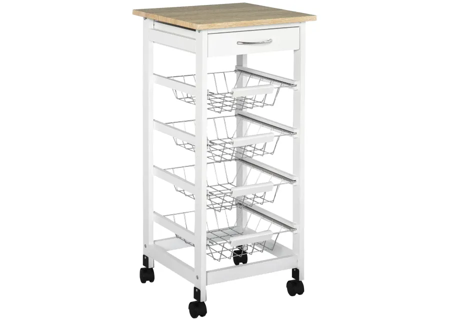 White Kitchen Cart: 32.25" Wooden Rolling Storage on Swivel Wheels