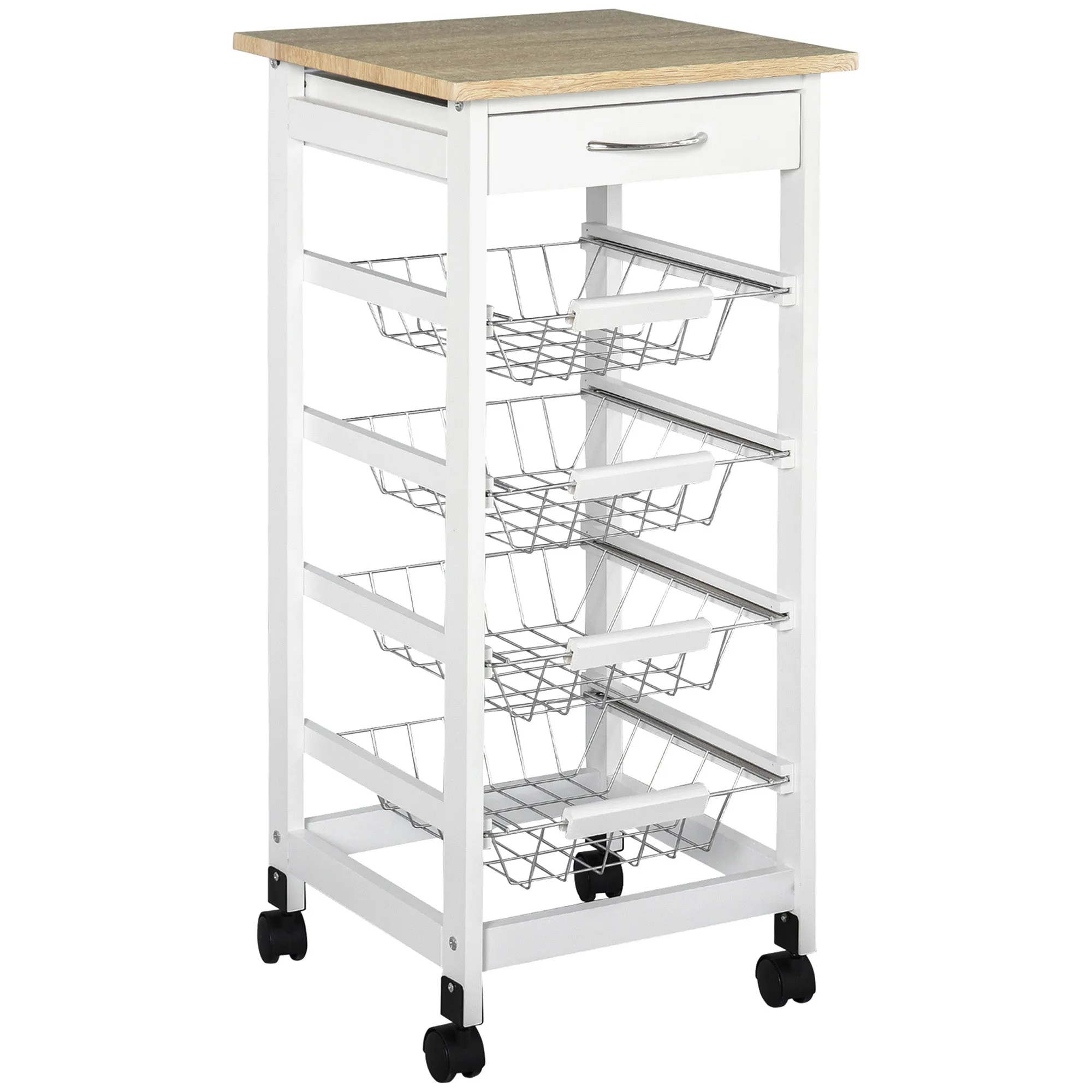 White Kitchen Cart: 32.25" Wooden Rolling Storage on Swivel Wheels