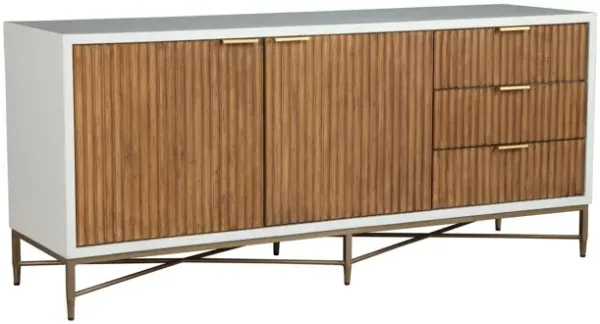 Eli 64 Inch TV Media Entertainment Center Console, 3 Drawers, White, Gold - Benzara