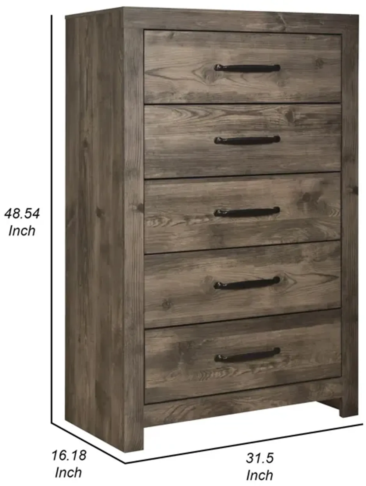 Benjara Ent 49 Inch Tall Dresser Chest, 5 Drawers with Black Handles, Greige Brown, Gray Beige