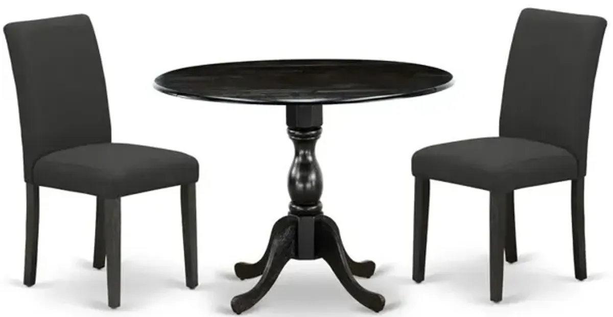 East West Furniture DMAB3-ABK-24 3 Piece Modern Dining Table Set Includes 1 Drop Leaves Dining Room Table and 2 Black Linen Fabric Padded Chair with High Back - Wire Brushed Black Finish