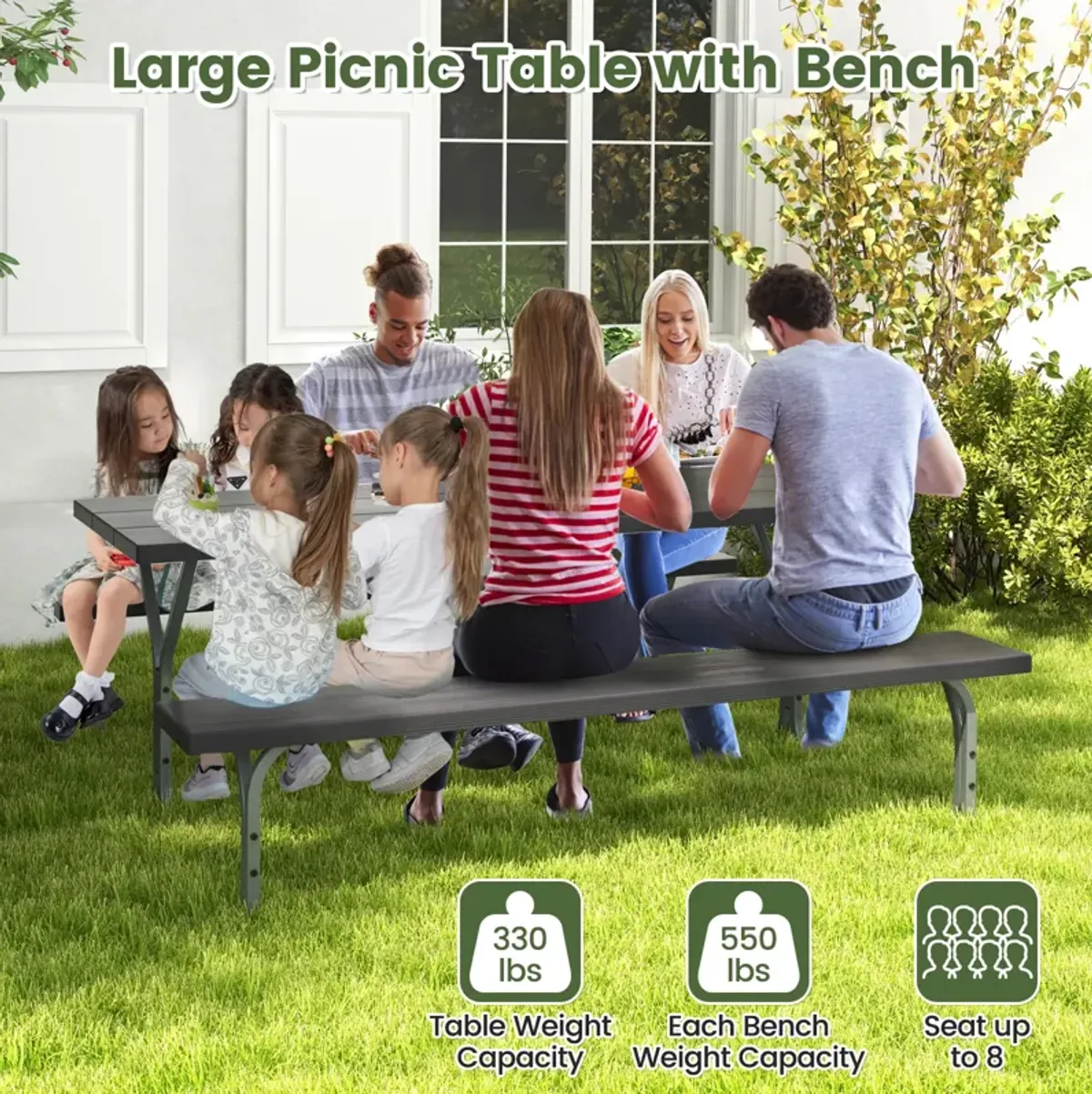 6 Feet Picnic Table Bench Set with HDPE Tabletop for 8 Person